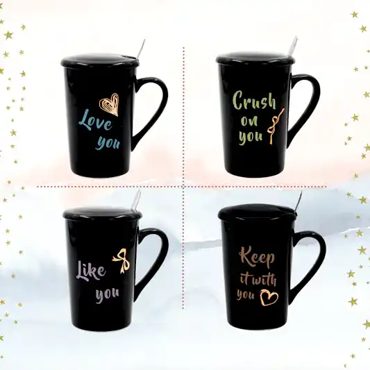 4 Adet Seramik Kapaklı Kaşıklı Mug Kupa Siyah