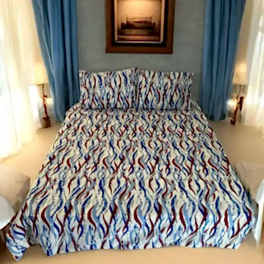 Mavi Bordo Dalgalı Çift Kişilik Lastikli Nevresim Takımı