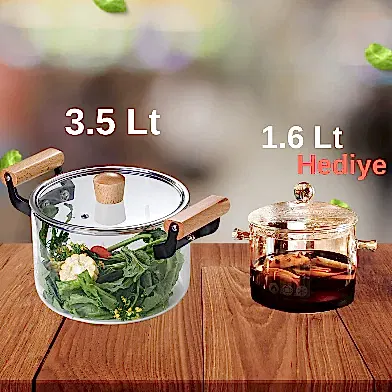 1.6 L. Borasilkat Cam Tencere HEDİYELİ 3.5 L. Borasilkat Pyrex Cam Tencere Isıya Dayanıklı