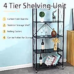 Tekerlekli Katlanabilir 5 Katlı Siyah Metal Raf 155x70x30 Cm