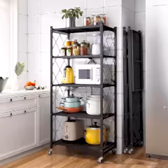 Tekerlekli Katlanabilir 5 Katlı Siyah Metal Raf 155x70x30 Cm