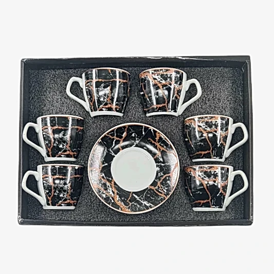 6 Adet Gri Üzerine Kahverengi Damarlı Kahve Fincan Takımı 90 cc