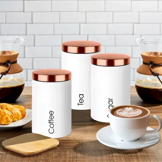 3 lü Metal Kahvelik Şekerlik Seti Bronz Kapak Beyaz