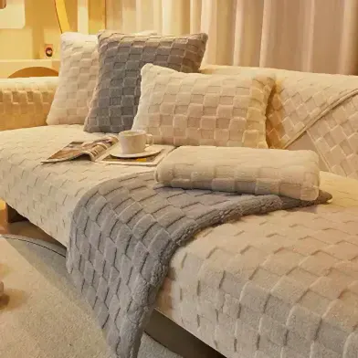 Bej İskandinav Kapitone Kaymaz Kalın Kanepe Örtüsü Kılıfı