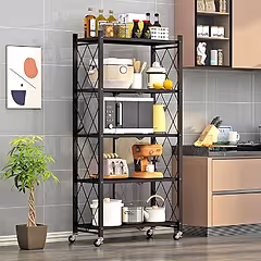 Tekerlekli Katlanabilir 5 Katlı Siyah Metal Raf 155x70x30 Cm