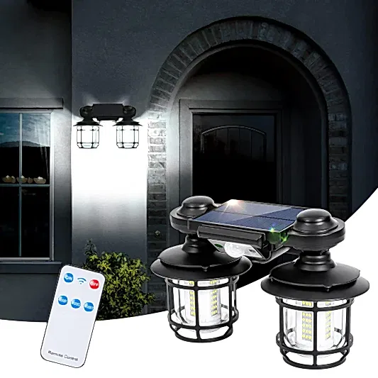 Solar Enerjili Sensörlü 192 LED Çift Başlı Uzaktan Kumandalı Duvar Lambası