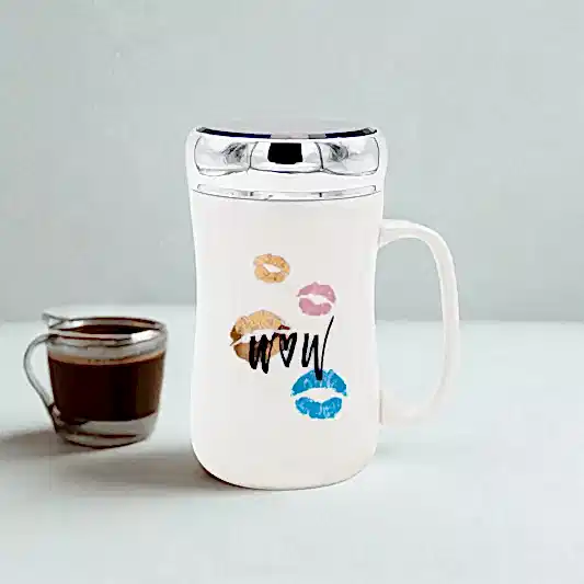 Dudak Desenli Ayna Kapaklı Seramik Mug Kupa