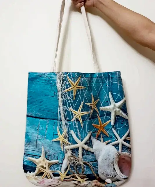 Deniz Kabukları Desenli 50x38cm İp Askılı Plaj Çantası