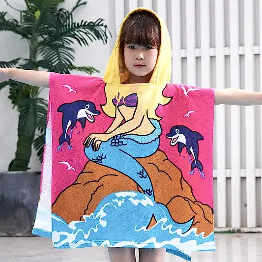 Yunuslu Deniz Kızı Desenli Panço Havlu Mavi Kuyruklu 60x60 cm