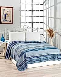 Çift Kişilik 180x220 Cm İnce Battaniye Yatak Örtüsü Mavi Krem