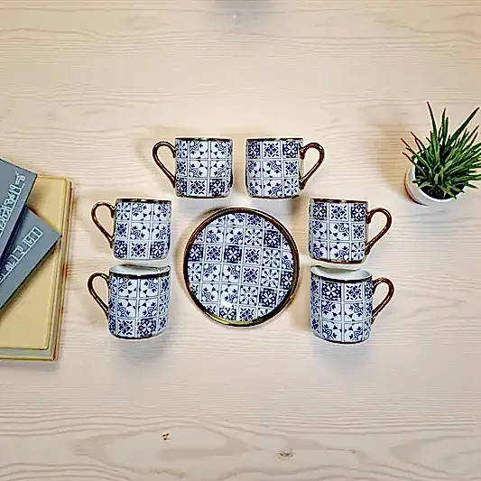 Gold Ayrıntılı Retro Mozaik Desen 6 Kişilik Kahve Fincan Takımı