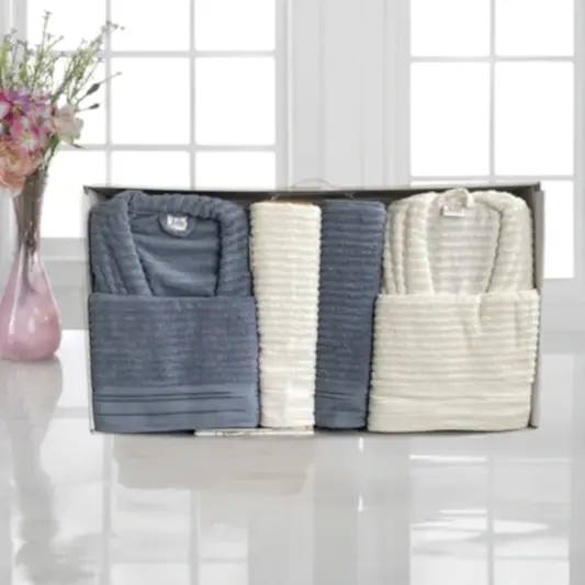 Julie Mila 6 Parça Aile Banyo Bornoz Seti Mavi Beyaz