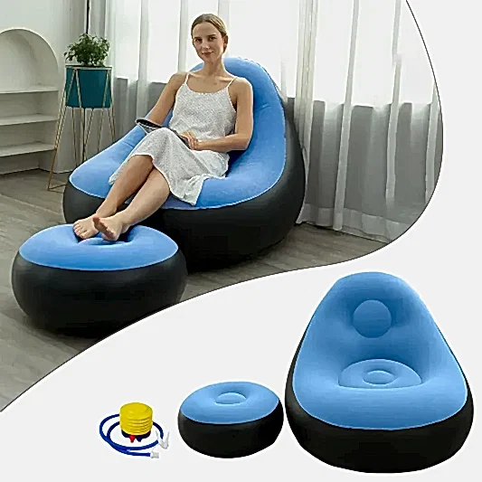 Dahili Pompalı Tabureli Yuvarlak Şişme Koltuk Mavi