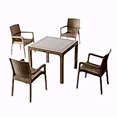 90x90 Cm 4 Vektör Sandalyeli Camlı Masa Seti Kapuçino