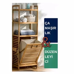 Bambu Kirli Sepetli 3 Raflı Çok Amaçlı Banyo Düzenleyici Çamaşır Sepeti Organizer 120x40 Cm