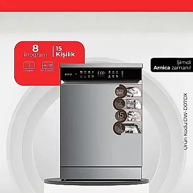 Arnica 15 Kişilik 8 Program Dokunmatik Bulaşık Makinesi Silver