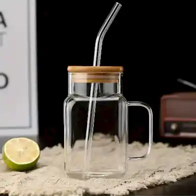 Borosilkat Cam Bambu Kapaklı Pipetli Bardak