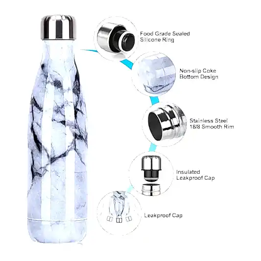 Yalıtımlı Çift Duvar Paslanmaz Çelik Termos Matara 500 ml Mavi Beyaz Siyah Damarlı