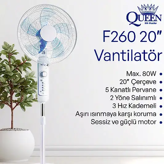 Queen 20'' 5 Kanatlı 3 Hız Kademeli Sessiz Vantilatör Beyaz