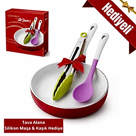 Arzum Ceramicart 24 cm. Kırmızı Tava Silikon Kaşık ve Maşa HEDİYELİ