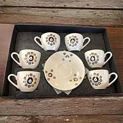 Kümelenmiş Nazar Boncuğu Desenli 6 Kişilik Kahve Fincan Takımı
