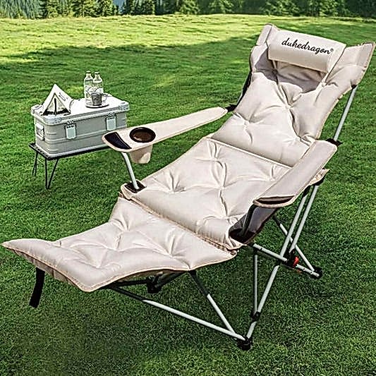 Katlanabilir 600D Oxford Kumaş Ayak Uzatma Bölmeli Kamp Bahçe Sandalyesi Krem