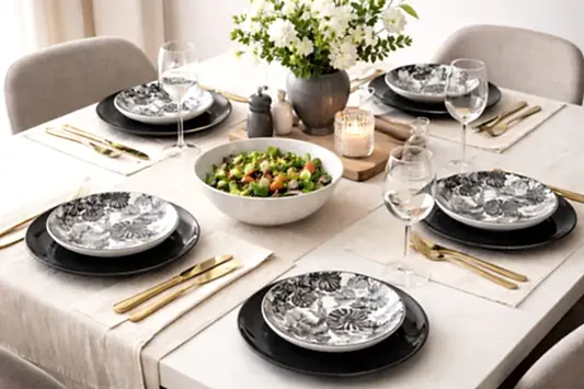 4 Kişilik 9 Parça Siyah Beyaz Yemek Takımı