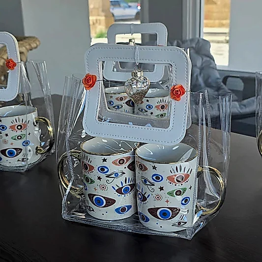 Deri Saplı Şeffaf Çantasında Nazar Boncuklu İkili Mug Kupa Seti