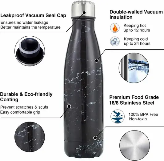 Yalıtımlı Çift Duvar Paslanmaz Çelik Termos Matara 500 ml Siyah Beyaz Damarlı