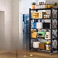 Tekerlekli Katlanabilir 5 Katlı Siyah Metal Raf 155x70x30 Cm